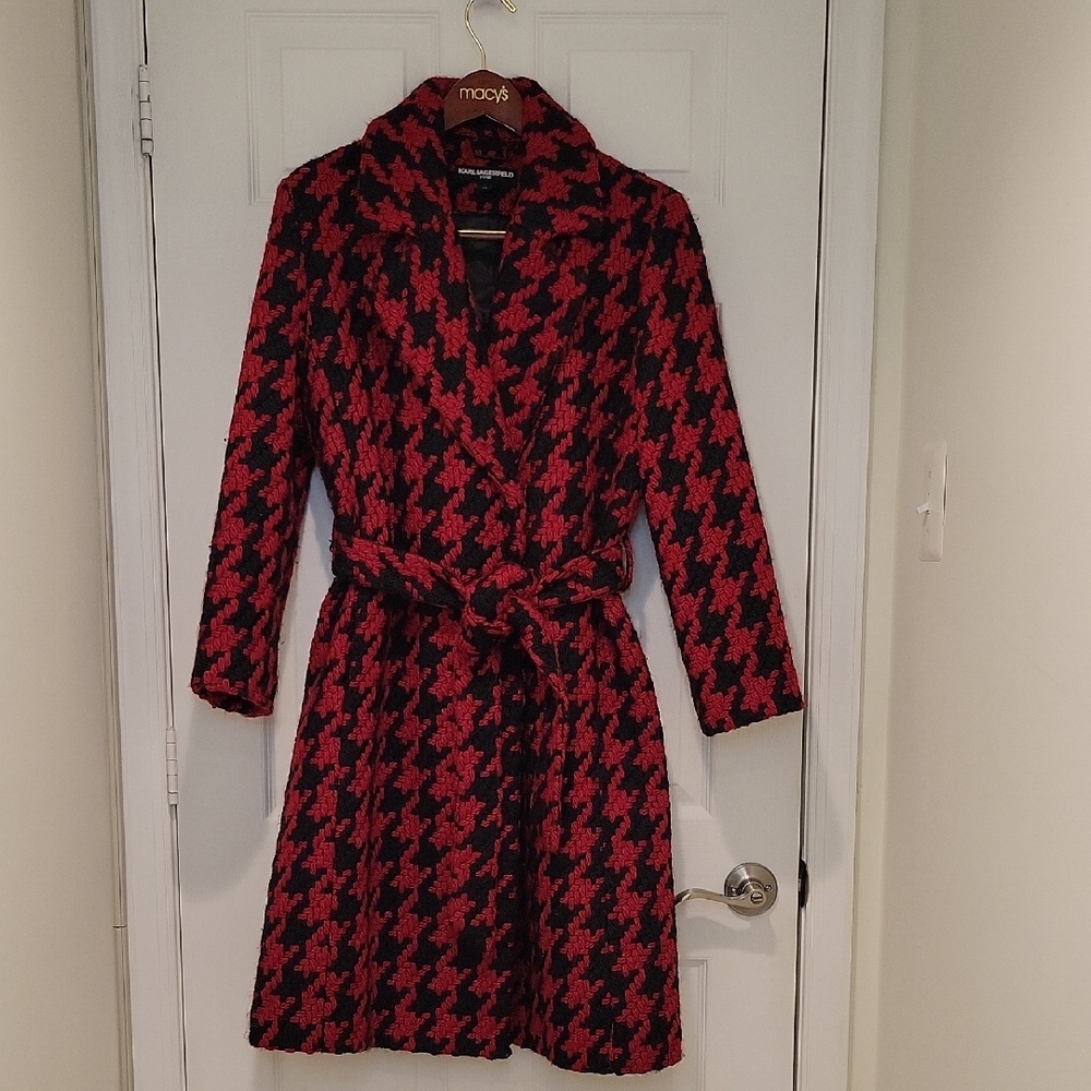 Karl Lagerfeld Red & Black Houndstooth Wool Blend Wrap Coat- LIKE NEW - Picture 3 of 16